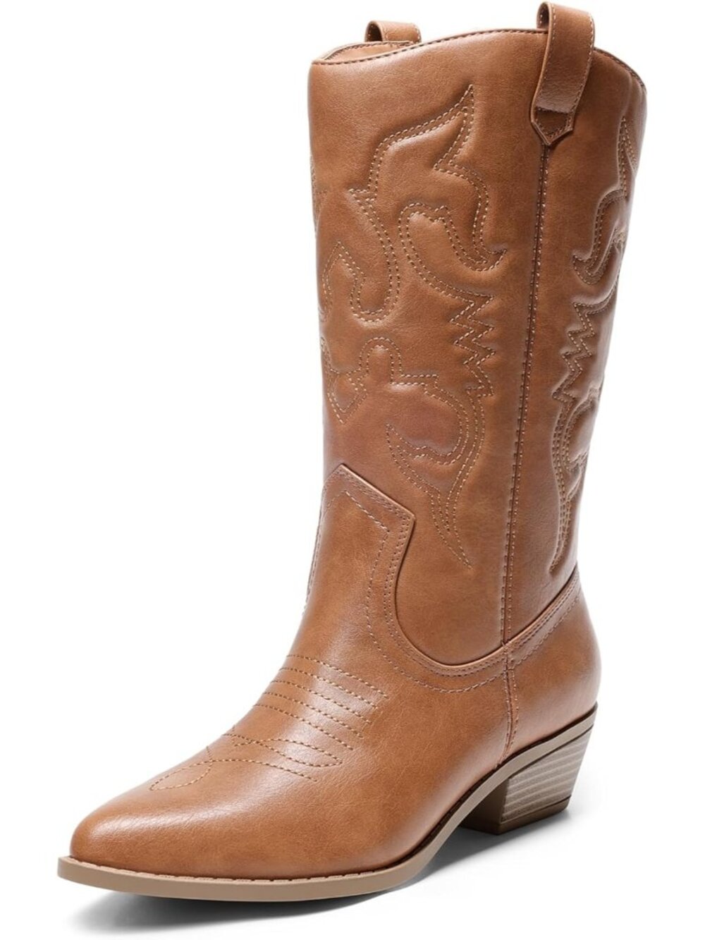 Women’s Tan Cowboy Boots Pointed Toe Wide Calf Western Cowgirl Boots Low Heel
